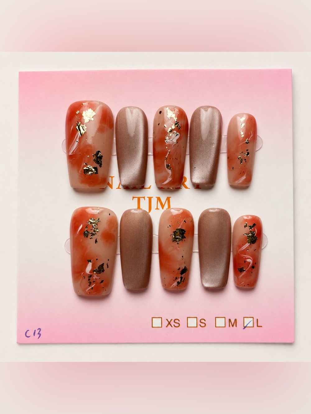 NEW Terracotta Marble Press On Nails | Gold Foil/Cateye |  Long Square | Large